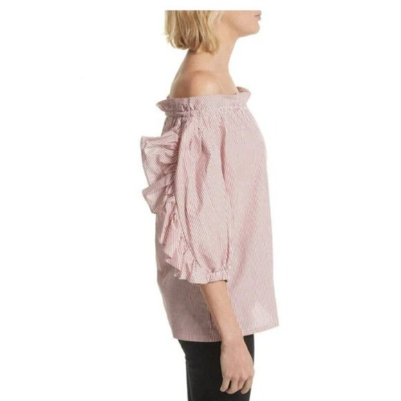 Robert Rodriguez Ruffle Stripe Cotton Shirt Womens Small Red Off Shoulder Light - Picture 4 of 9